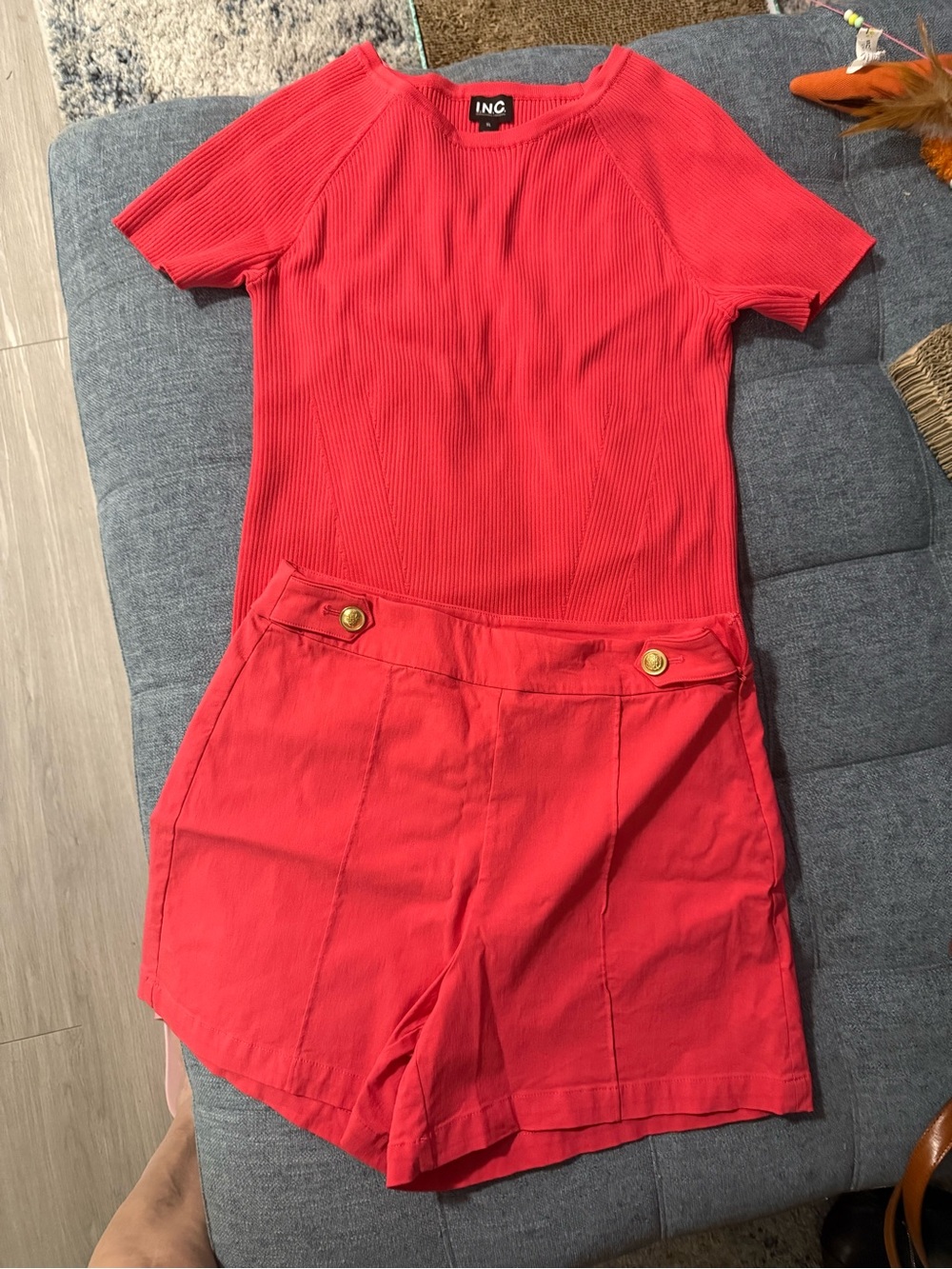 INC International Concepts Coral-Red High-Rise Shorts with Gold Buttons